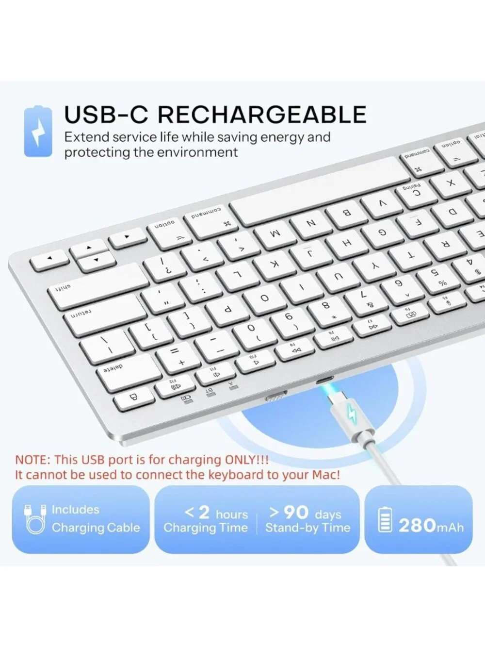 Wireless Bluetooth Keyboard for Mac, USB-C Rechargeable, Slim Design, Portable